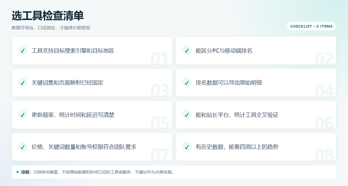 2026年SEO查排名工具有哪些?官方、第三方与免费方案对比插图3 SEO排名工具选择与监控自查清单